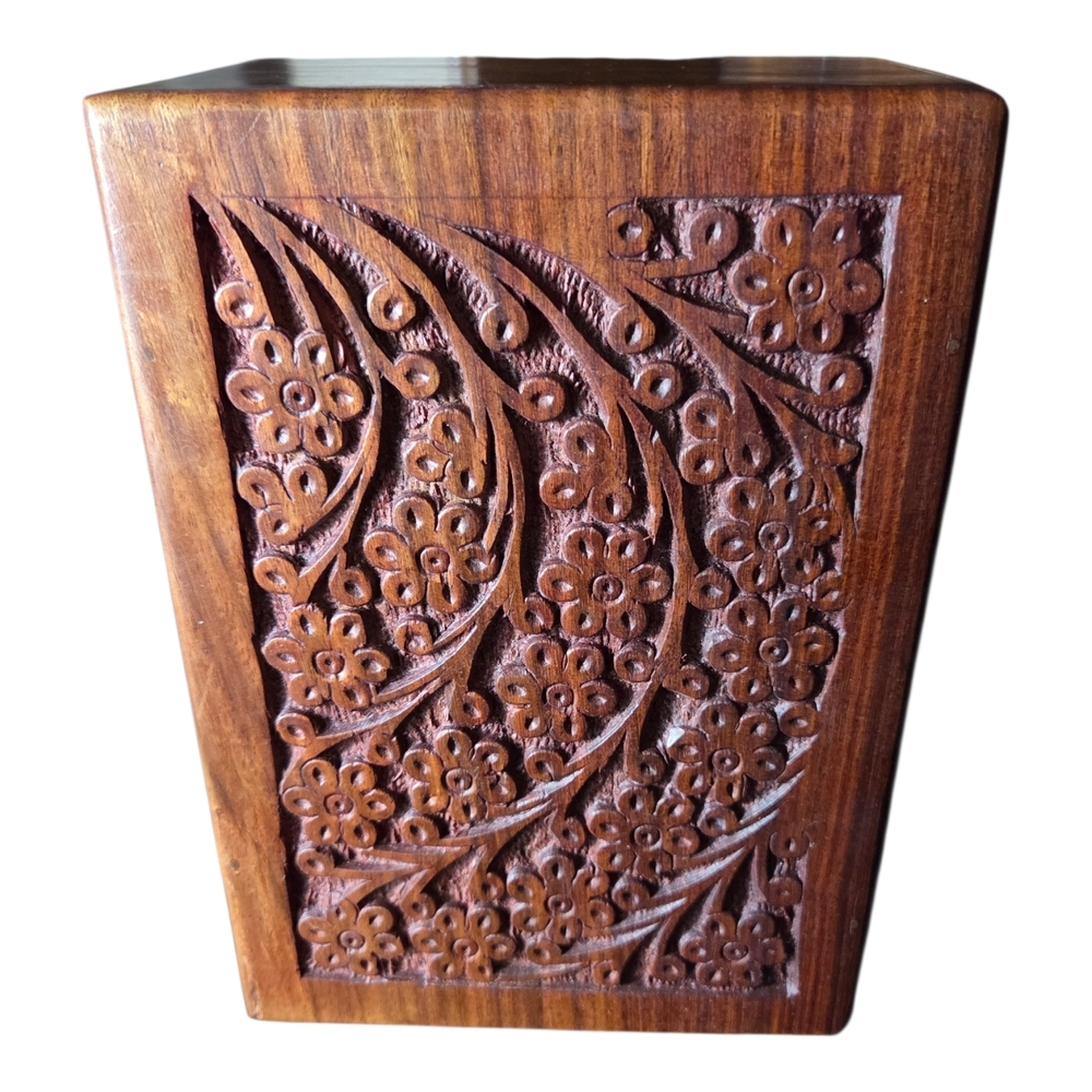 Handcrafted Wooden Pet Urn - Brown Floral Design